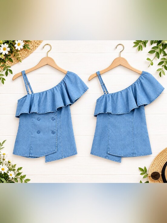 Lulumari Tops - Lulumari Ruffle One Shoulder Blue Top Chambray Asymmetrical Button Corset Blouse